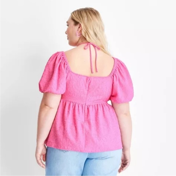 Target Future Collective Pink Square Tie Neck Puffed Short Sleeve Top Blouse - Picture 5 of 9
